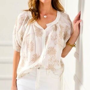 Karen Kane Embroidered Top - Sheer White With Taupe Embroidery, size XL